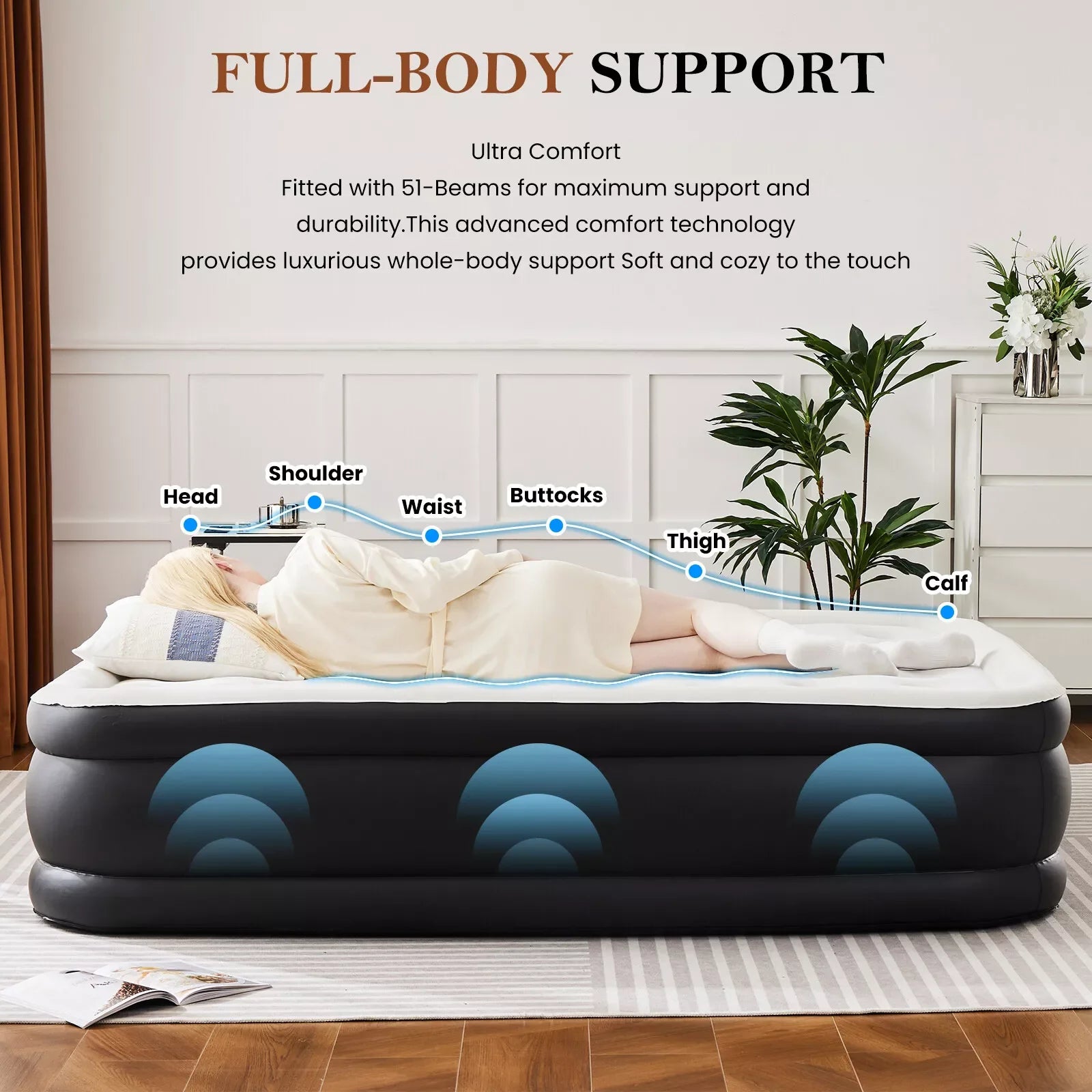 IULULU Air Mattress, Inflatable Blow Up Airbed High Capacity Pump Non-Slip Bottom, 18 Inch, Twin