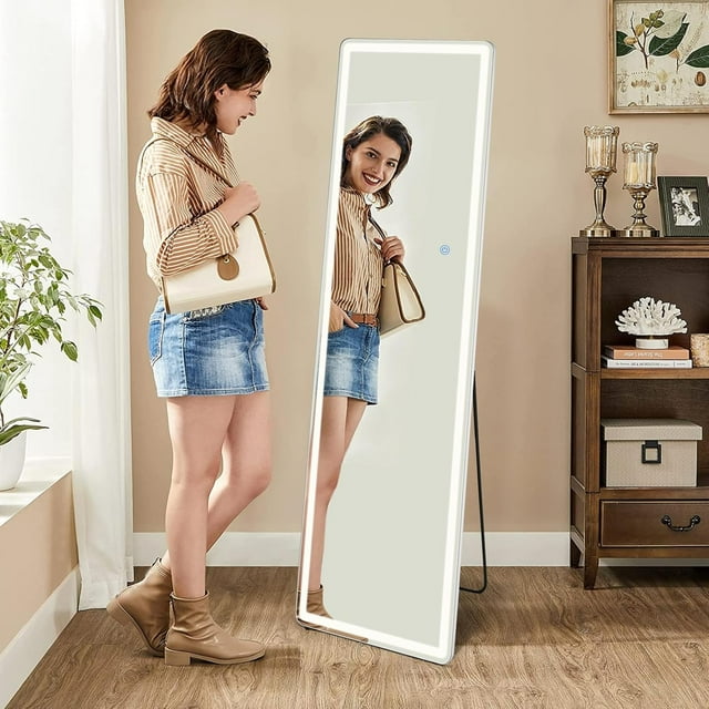 64"x21" Floor Mirror with LED Light, Full Length Mirror with Stand, Hanging Mirror Wall Mounted Mirror with Dimming & 3 Color Lighting