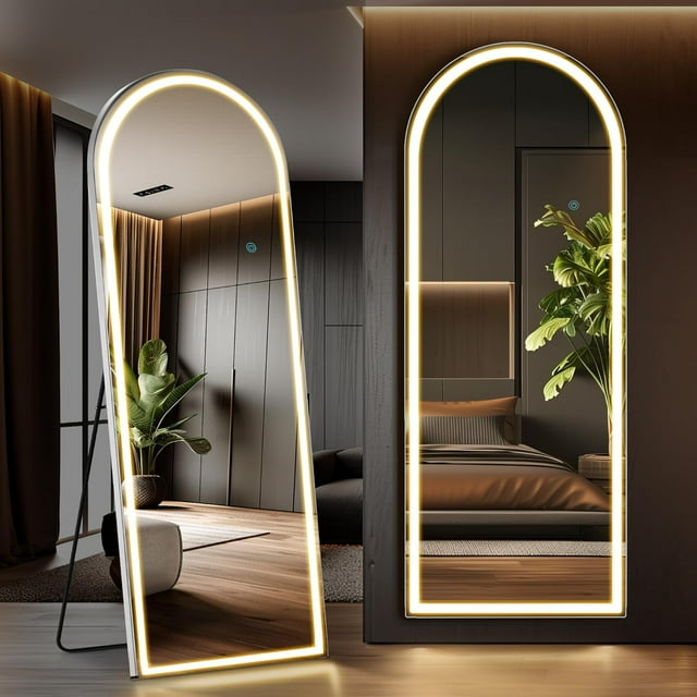 Arched Full Length Mirror with LED Lights, 71"x26" Lighted Floor Standing Mirror with Stand